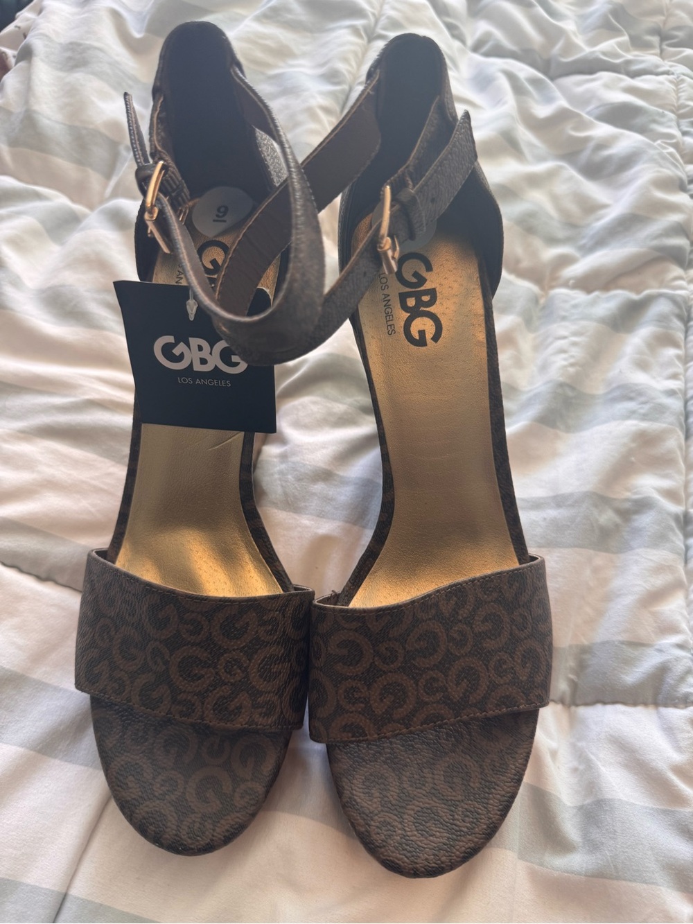 GBG Los Angeles Brown Patterned Ankle Strap Heels
